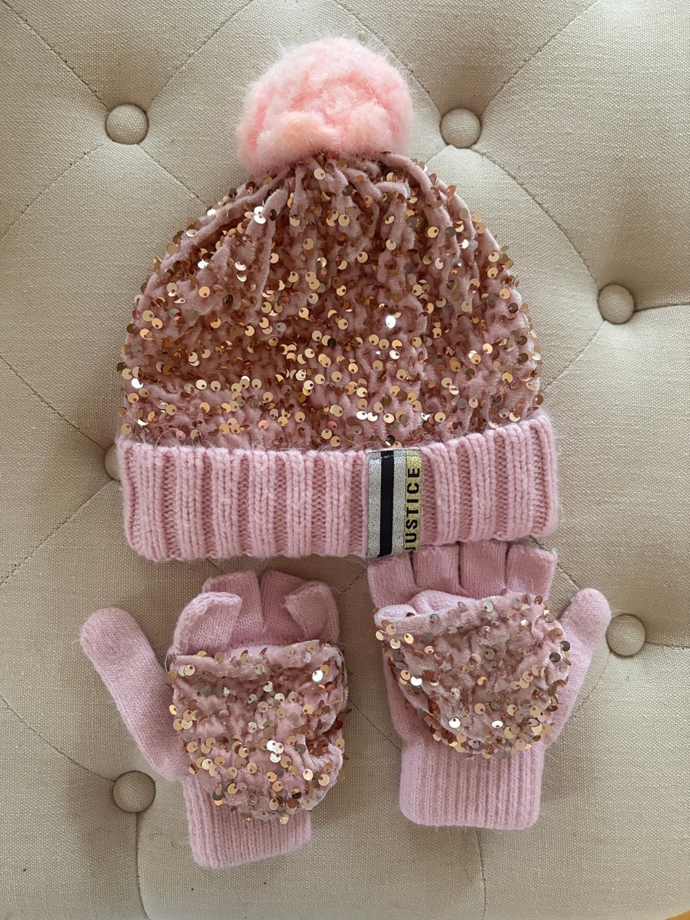 🤍Justice Kids Pink Sequin Pom Hat & Glove Set🤍 girls size 7-9 age